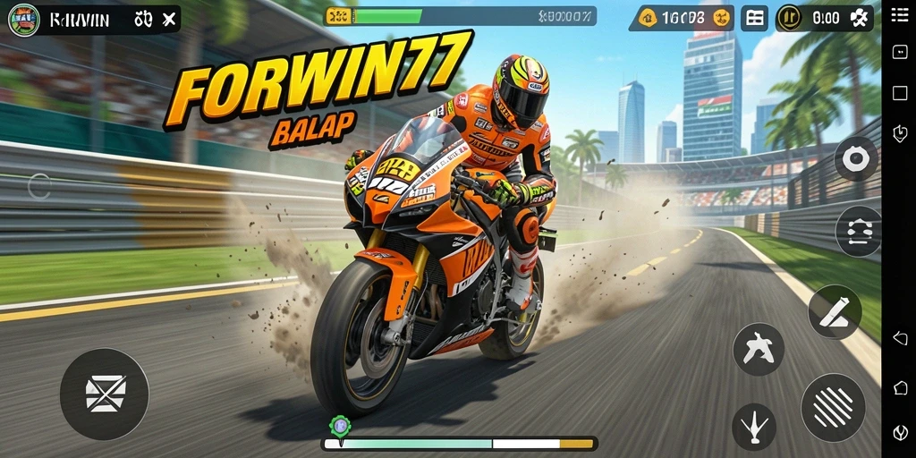 Tangkapan layar FORWIN77 menampilkan suasana balapan seru dengan sepeda motor kencang.