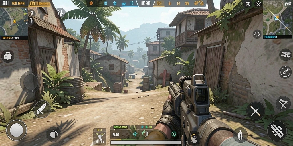 Screenshot menunjukkan aksi seru dalam gameplay FPS ID098.