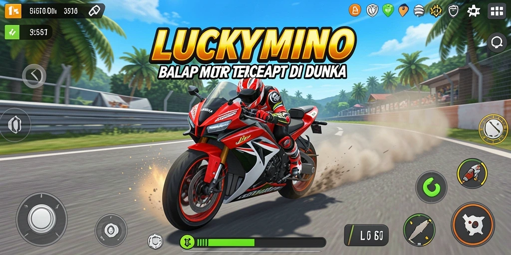 Tampilan gameplay seru LUCKYMINO dalam balapan motor.