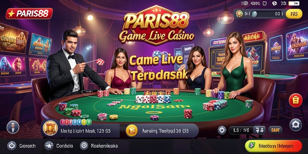 Screenshot utama PARIS88 menampilkan dealer dan permainan Live Casino yang seru.